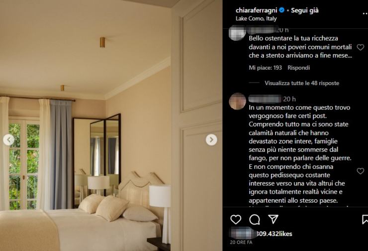 Post Chiara Ferragni della Villa su lago di Como